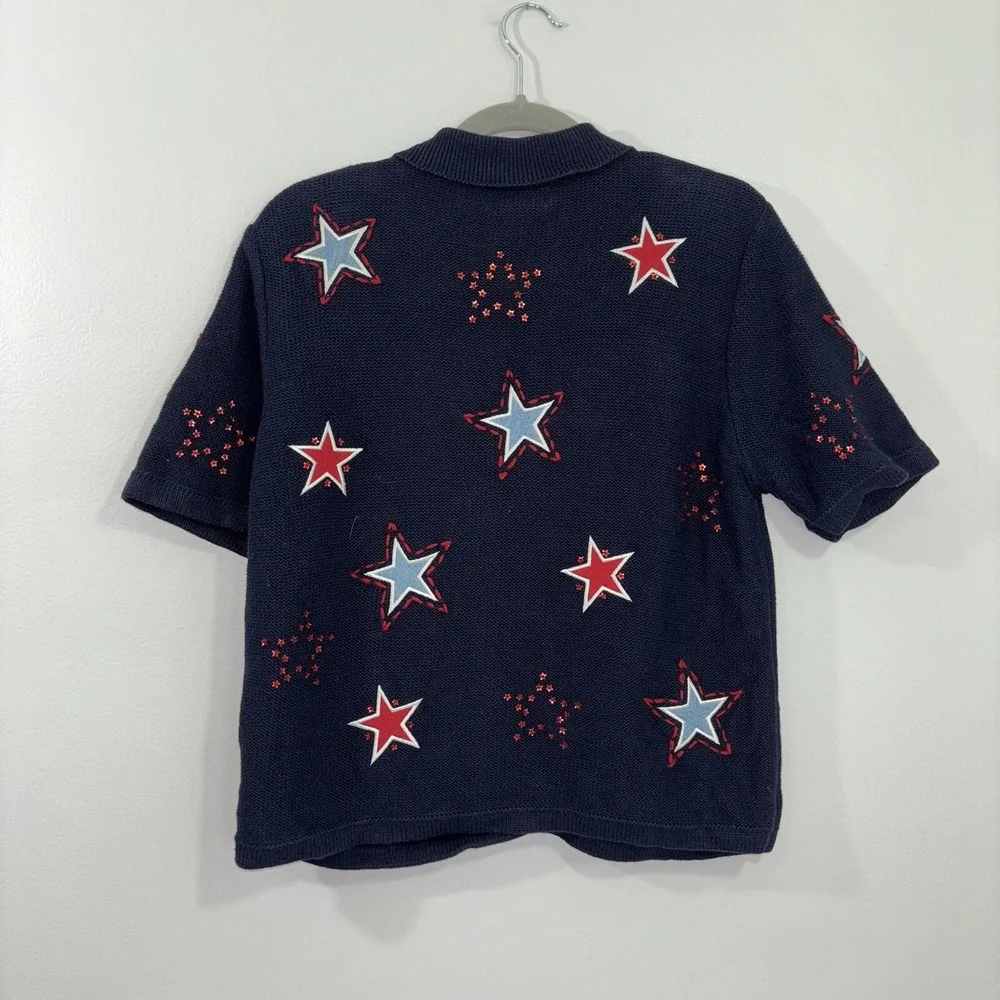 Christopher & Banks Womens Sweater Medium Blue Button Up Star Hand Embroidered